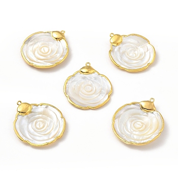 Natural Shell Pendants, with Golden Brass Findings, Long-Lasting Plated, Flower, White, 46.5~48.5x40~41x5mm, Hole: 1.8mm