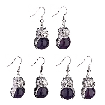 Natural Amethyst Owl Dangle Earrings, Platinum Brass Jewelry for Women, 41mm, Pin: 0.6mm