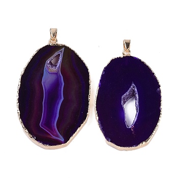 Natural Agate Big Pendants, Oval Charms, Dyed & Heated, with Golden Plated Brass Findings, Purple, 50~62x33~43x5~7mm, Hole: 7.5x4.5mm