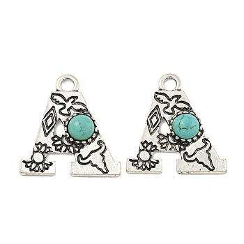 Synthetic Turquoise & Alloy Pendants, Letter Charms, Antique Silver, Letter A, 25x23x4mm, Hole: 3mm