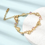 304 Stainless Steel Pave Pink Cubic Zirconia Heart Link Chain Bracelets, Ion Plating(IP), Golden, 6.89 inch(17.5cm)(SA-CBAF6AD-11G)