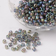 6/0 Transparent Rainbow Colours Round Glass Seed Beads, Dark Gray, Size: about 4mm in diameter, hole:1.5mm, about 495pcs/50g(X-SEED-A007-4mm-172)
