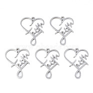 201 Stainless Steel Pendants, Heart with Word, Stainless Steel Color, 28.5x22x1.5mm, Hole: 1.6mm(STAS-N098-045P)