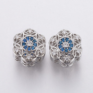 Brass Micro Pave Cubic Zirconia European Beads, Large Hole Beads, Flower, Clear & Blue, Platinum, 11x10x8.5mm, Hole: 4mm(OPDL-P001-24)
