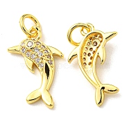Rack Plating Brass Micro Pave Clear Cubic Zirconia Pendants, with Jump Ring, Dolphin Charm, Real 18K Gold Plated, 17x10.5x3mm, Hole: 3.2mm(X-KK-D036-23G)