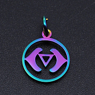 Chakra Theme Ion Plating(IP) 201 Stainless Steel Charms, Laser Cut Pendants, with Jump Rings, Flat Round, Rainbow Color, Ajna, 13.5x11.5x1mm, Hole: 3mm(STAS-T054-JN403Q-1)