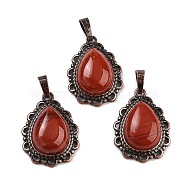 Natural Red Jasper Teardrop Pendants, Red Copper Tone Brass Charms, 28.5x20.5x7mm, Hole: 8x5mm(G-K363-01R-01)