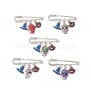Halloween Skull & Witch Hat & Lip Alloy Enamel Charms Safety Pin Brooch, Iron Sweater Shawl Clips for Waist Pants Extender Clothes Dresses Decoration, Mixed Color, 38mm(JEWB-BR00089)