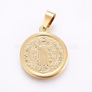 Vacuum Plating 304 Stainless Steel Pendants, Religion, Flat Round with Saint Benedict, Golden, 24x20x2mm, Hole: 7x4mm(STAS-H458-36G-B)