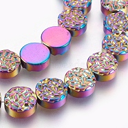 Electroplated Non-magnetic Synthetic Hematite Beads Strands, Textured Flat Round, Multi-color Plated, 10x4mm, Hole: 1mm, about 40pcs/strand, 15.94 inch(40.5cm)(G-E498-21A-06)