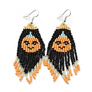 Glass Seed Braided Pumpkin Chandelier Earrings, Chain Tassel Alloy Halloween Earrings for Women, Orange, 83mm, Pin: 0.6mm(EJEW-B012-06)