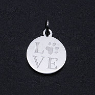 201 Stainless Steel Pet Charms, with Jump Rings, Flat Round with Dog Paw Prints & Word Love, Stainless Steel Color, 14.5x12x1mm, Hole: 3mm(STAS-T049-T677-1)
