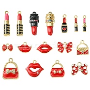 16Pcs 16 Style Alloy Enamel Pendants, with Crystal Rhinestone and ABS Plastic Imitation Pearl Beads, Lip/Lipstick/Lipstick/Bag, Mixed Color, 11.5~26x4~19.5x1~6mm, Hole: 1.4~2mm, 1pc/style(ENAM-YW0003-26)
