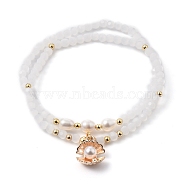 Faceted Glass Bead Stretch Bracelets, Stackable Bracelets, with Brass Bead, Natural Cultured Freshwater Pearl Bead and Alloy & Imitation Pearl Charms, Shell Shape, Golden, White, Inner Diameter: 2-1/4 inch(5.7cm), 2pcs/set(BJEW-JB05488-02)