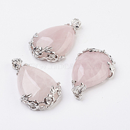 Valentine Gifts Idea for Guys Natural Rose Quartz Pendants, with Brass Findings, Drop, Platinum, 38~41x26x8mm, Hole: 5x4mm(G-Q689-10)