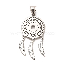 Tibetan Style 304 Stainless Steel Pendants, Flat Round with Woven Net/Web with Feather, Antique Silver, 46x22.5x1.7mm, Hole: 8x5mm(STAS-M334-21AS)