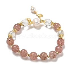 Round Natural Strawberry Quartz & Quartz Crystal Beaded Stretch Bracelets, Natural Pearl Bracelets for Women, Real 14K Gold Plated, Inner Diameter: 2-1/2 inch(6.2cm)(BJEW-M315-09)