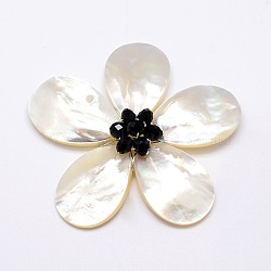 Natural White Shell Mother of Pearl Shell Flower Big Pendants, with Platinum Plated Brass Findings and Faceted Rondelle Glass Beads, Black, 43x46x14mm, Hole: 4x7mm(SSHEL-J032MS-08)