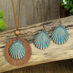 Bohemian Alloy Enamel & Wood Pendant Necklaces & Dangle Earrings Sets, Shell Shape, 400mm(WG0DDDA-06)