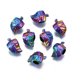 Rack Plating Rainbow Color Alloy European Beads, Large Hole Beads, Cadmium Free & Nickel Free & Lead Free, Leaf, 15x9.5x8.5mm, Hole: 4.5mm(PALLOY-S180-351)