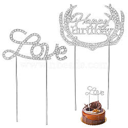 CRASPIRE 2Pcs 2 Styles Alloy & Rhinestone Cake Toppers, for DIY Cake Decoration, Word Love & Happy Birthday, Silver Color Plated, 134~154x94x3mm, 1pc/style(AJEW-CP0001-44S)