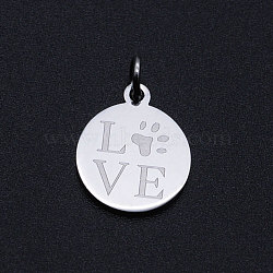 201 Stainless Steel Pet Charms, with Jump Rings, Flat Round with Dog Paw Prints & Word Love, Stainless Steel Color, 14.5x12x1mm, Hole: 3mm(STAS-T049-T677-1)