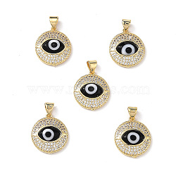 Real 18K Gold Plated Brass Clear Cubic Zirconia Pendants, Flat Round with Lampwork Evil Eye Charms, Lead Free & Cadmium free, Black, 19x16.5x5mm, Hole: 4mm(ZIRC-L102-12G-01)