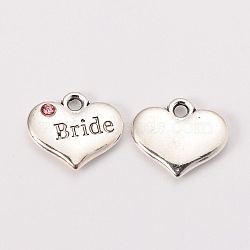 Wedding Theme Antique Silver Tone Tibetan Style Heart with Bride Rhinestone Charms, Cadmium Free & Lead Free, Light Rose, 14x16x3mm, Hole: 2mm(TIBEP-N005-12D)