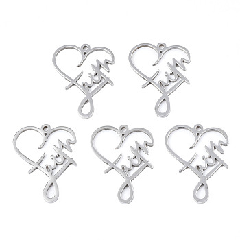 201 Stainless Steel Pendants, Heart with Word, Stainless Steel Color, 28.5x22x1.5mm, Hole: 1.6mm