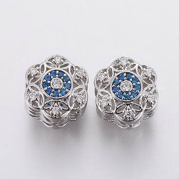 Brass Micro Pave Cubic Zirconia European Beads, Large Hole Beads, Flower, Clear & Blue, Platinum, 11x10x8.5mm, Hole: 4mm