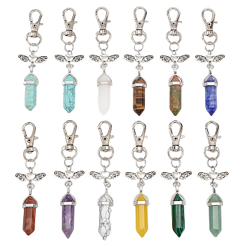 CHGCRAFT 1 Set Double Terminated Natural Gemstone Bullet Pendant Decorations, Angel Lobster Clasp Charms, Clip-on Charms, for Keychain, Purse, Backpack Ornament, 90mm