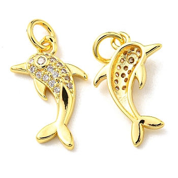 Rack Plating Brass Micro Pave Clear Cubic Zirconia Pendants, with Jump Ring, Dolphin Charm, Real 18K Gold Plated, 17x10.5x3mm, Hole: 3.2mm
