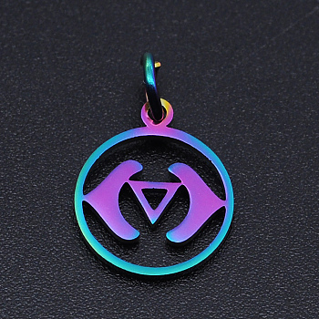 Chakra Theme Ion Plating(IP) 201 Stainless Steel Charms, Laser Cut Pendants, with Jump Rings, Flat Round, Rainbow Color, Ajna, 13.5x11.5x1mm, Hole: 3mm