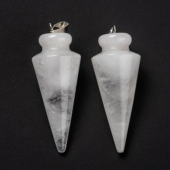 Natural Quartz Crystal Pendants, Rock Crystal Pendants, with Platinum Brass Findings, Cone, 40~44x15~16mm, Hole: 3x7mm