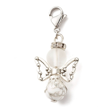 Natural Howlite Pendant Decorations, with Alloy Findings & 304 Stainless Steel Lobster Claw Clasps, Angel & Fairy, 40mm