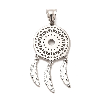 Tibetan Style 304 Stainless Steel Pendants, Flat Round with Woven Net/Web with Feather, Antique Silver, 46x22.5x1.7mm, Hole: 8x5mm