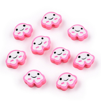 Handmade Polymer Clay Beads, Cloud with Smiling Face, Pearl Pink, 6~8.5x10~11.5x4.5~5.5mm, Hole: 1.8mm