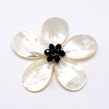 Natural White Shell Mother of Pearl Shell Flower Big Pendants, with Platinum Plated Brass Findings and Faceted Rondelle Glass Beads, Black, 43x46x14mm, Hole: 4x7mm