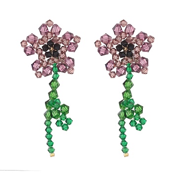 Imitation Austrian Crystal Flower of Life Dangle Stud Earrings, Glass Beads Drop Earrings, Purple, 75x30mm, Pin: 0.6mm