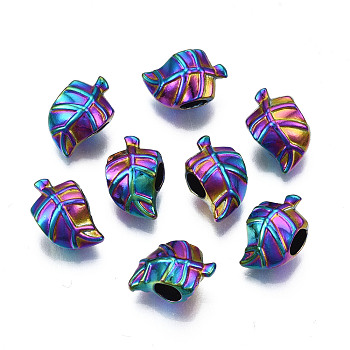 Rack Plating Rainbow Color Alloy European Beads, Large Hole Beads, Cadmium Free & Nickel Free & Lead Free, Leaf, 15x9.5x8.5mm, Hole: 4.5mm