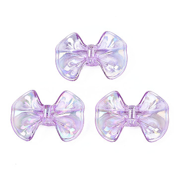 Transparent Acrylic Beads, Rainbow Color Plated, Bowknot, Lilac, 23x31x9mm, Hole: 2.5mm