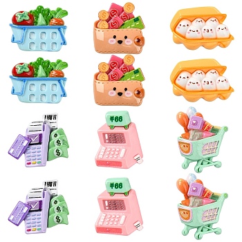 24Pcs 6 Styles Supermarket Theme Opaque Resin Decoden Cabochons Sets, Mixed Shapes, Mixed Color, 20.5~32x22.5~31x8~11mm, 4pcs/style