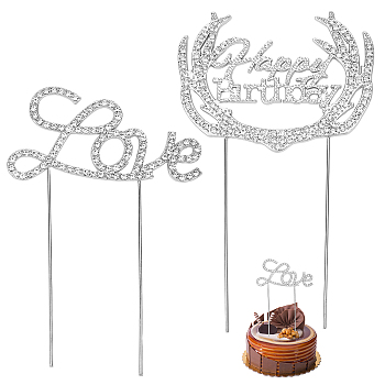 CRASPIRE 2Pcs 2 Styles Alloy & Rhinestone Cake Toppers, for DIY Cake Decoration, Word Love & Happy Birthday, Silver Color Plated, 134~154x94x3mm, 1pc/style