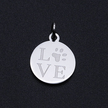 201 Stainless Steel Pet Charms, with Jump Rings, Flat Round with Dog Paw Prints & Word Love, Stainless Steel Color, 14.5x12x1mm, Hole: 3mm