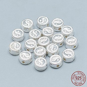 Feng Shui 925 Sterling Silver Beads, Flat Round with Yin Yang, Silver, 7.5x4mm, Hole: 1.4mm