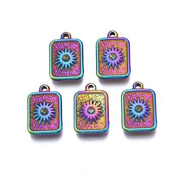 Rack Plating Rainbow Color Alloy Pendant Rhinestone Settings, Cadmium Free & Nickel Free & Lead Free, Rectangle with Sun, 16x10x2.5mm, Hole: 1.2mm, Fit For 2mm Rhinestone