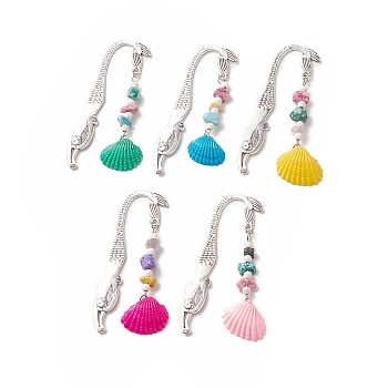 Spray Painted Sea Shell Pendants Bookmarks, Tibetan Style Mermaid Pattern Alloy Hook Book Marker with Synthetic Turquoise Beads, Mixed Color, 78.5mm, Pendant: 62x24x8mm