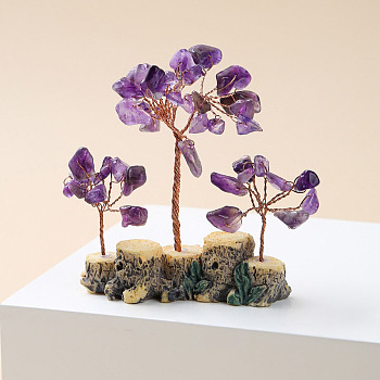 Natural Amethyst Chips Tree of Life Decorations, Mini Resin Stump Base with Copper Wire Feng Shui Energy Stone Gift for Home Office Desktop Decoration, 80x80~100mm