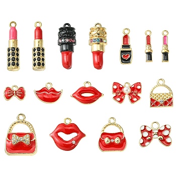 16Pcs 16 Style Alloy Enamel Pendants, with Crystal Rhinestone and ABS Plastic Imitation Pearl Beads, Lip/Lipstick/Lipstick/Bag, Mixed Color, 11.5~26x4~19.5x1~6mm, Hole: 1.4~2mm, 1pc/style