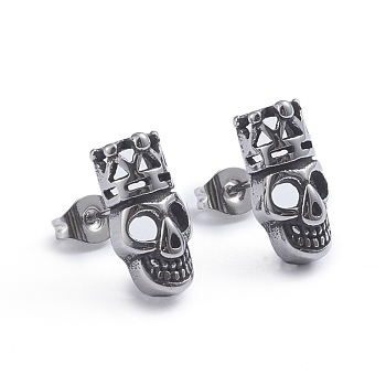 Retro 304 Stainless Steel Stud Earrings, with Ear Nuts, Skull with Crown, Antique Silver, 14x7.5mm, Pin: 0.6mm